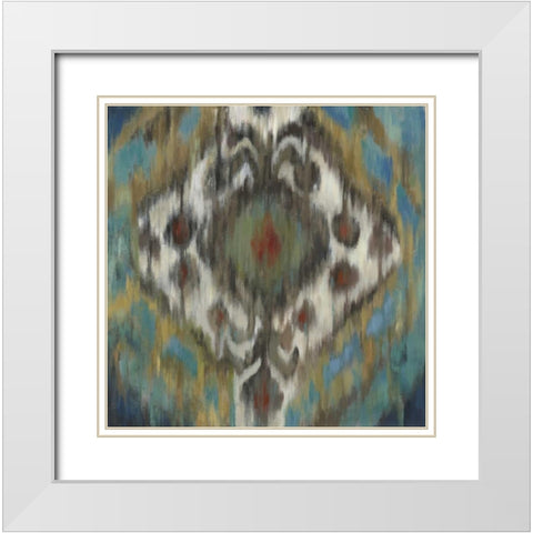 Peacock Ikat White Modern Wood Framed Art Print with Double Matting by PI Studio