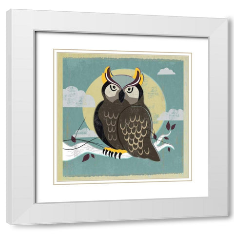Perched Owl White Modern Wood Framed Art Print with Double Matting by PI Studio