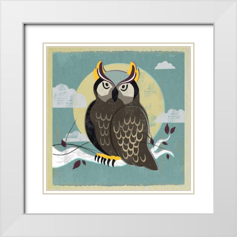 Perched Owl White Modern Wood Framed Art Print with Double Matting by PI Studio