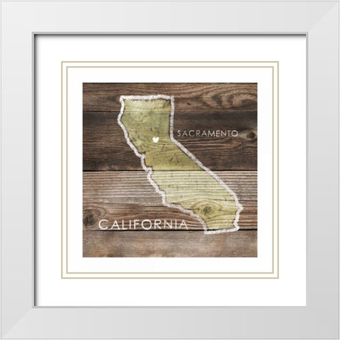 California Rustic Map White Modern Wood Framed Art Print with Double Matting by PI Galerie