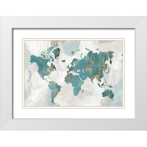 Teal World Map  White Modern Wood Framed Art Print with Double Matting by Collabera, Pamela