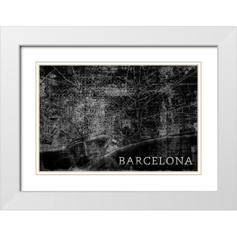 Map Barcelona Black White Modern Wood Framed Art Print with Double Matting by PI Studio