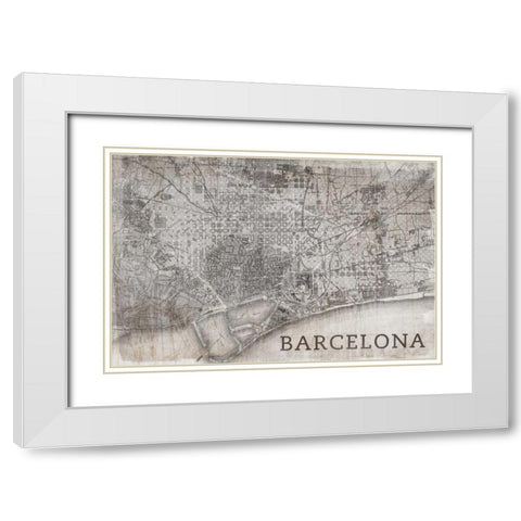 Map Barcelona Beige White Modern Wood Framed Art Print with Double Matting by PI Studio