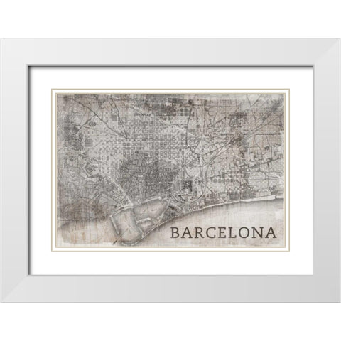 Map Barcelona Beige White Modern Wood Framed Art Print with Double Matting by PI Studio