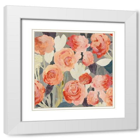 Peach Floral White Modern Wood Framed Art Print with Double Matting by PI Studio