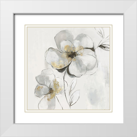 Silver Florals I White Modern Wood Framed Art Print with Double Matting by PI Studio