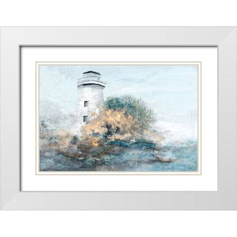 Golden Lighthouse White Modern Wood Framed Art Print with Double Matting by Theodosiou, Matina