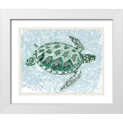 Green Turtle I White Modern Wood Framed Art Print with Double Matting by Stellar Design Studio