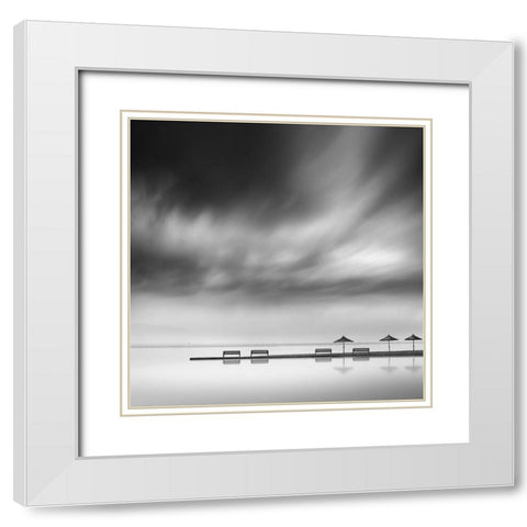 Digalekis - Four Benches and Three Umbrellas White Modern Wood Framed Art Print with Double Matting by 1x