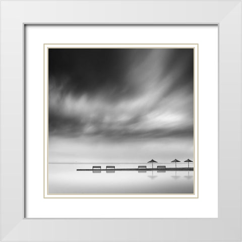 Digalekis - Four Benches and Three Umbrellas White Modern Wood Framed Art Print with Double Matting by 1x