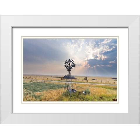 Windmill Sunset White Modern Wood Framed Art Print with Double Matting by Annie Bailey Art