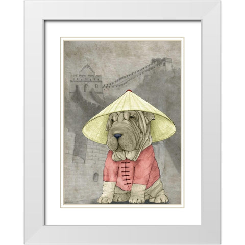 Shar Pei with the Great Wall White Modern Wood Framed Art Print with Double Matting by Barruf
