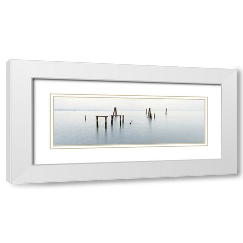 Vintage Pier in the Mist White Modern Wood Framed Art Print with Double Matting by Blaustein, Alan