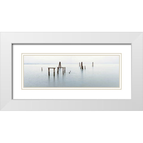 Vintage Pier in the Mist White Modern Wood Framed Art Print with Double Matting by Blaustein, Alan