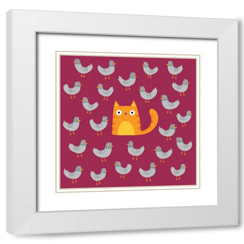 Cat amongst the Pigeons White Modern Wood Framed Art Print with Double Matting by Buxton, Michael