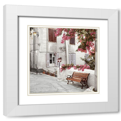 Mediterranean Bench White Modern Wood Framed Art Print with Double Matting by Blaustein, Alan