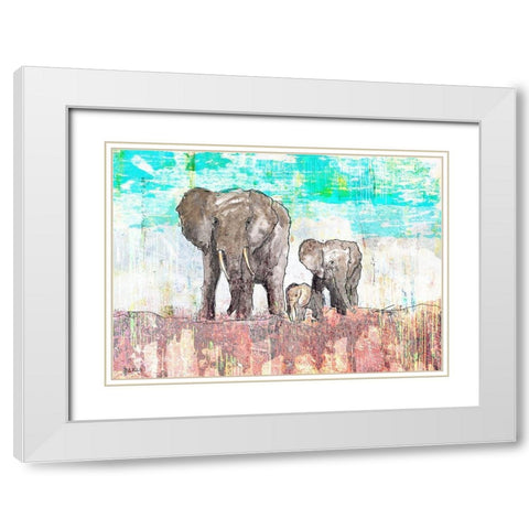 Elephant Family White Modern Wood Framed Art Print with Double Matting by Baran, John