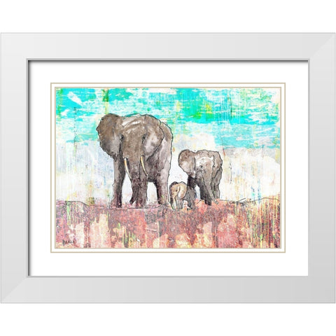 Elephant Family White Modern Wood Framed Art Print with Double Matting by Baran, John