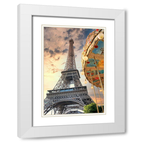 Eiffel Tower and Carousel I White Modern Wood Framed Art Print with Double Matting by Blaustein, Alan