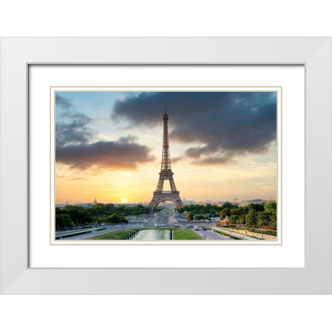 Eiffel Tower Sunset White Modern Wood Framed Art Print with Double Matting by Blaustein, Alan