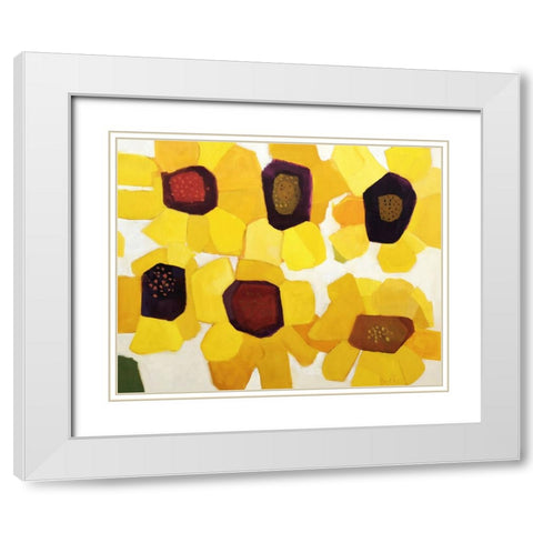 Six Sunflowers White Modern Wood Framed Art Print with Double Matting by Becker, Anne