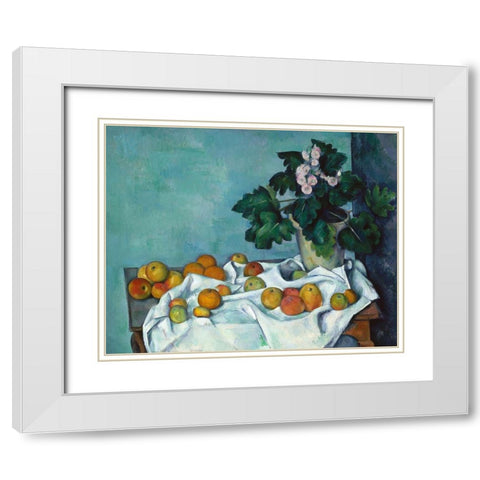 Still Life with Apples and a Pot of Primroses White Modern Wood Framed Art Print with Double Matting by Cezanne, Paul