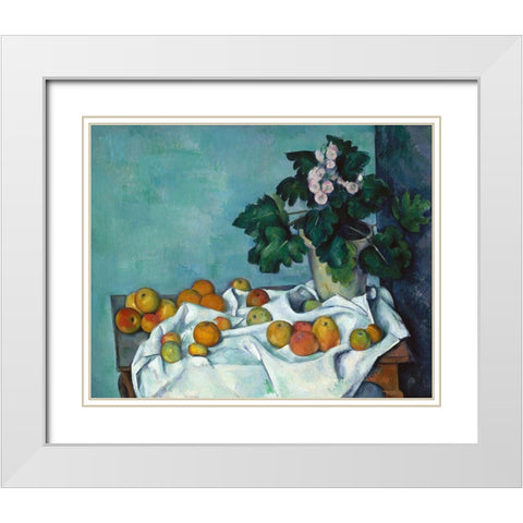 Still Life with Apples and a Pot of Primroses White Modern Wood Framed Art Print with Double Matting by Cezanne, Paul