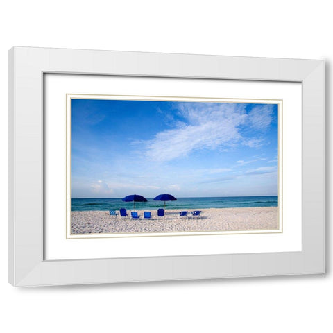 Blue Chairs and Umbrellas White Modern Wood Framed Art Print with Double Matting by Cannon, George