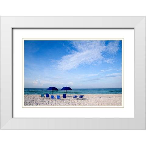 Blue Chairs and Umbrellas White Modern Wood Framed Art Print with Double Matting by Cannon, George