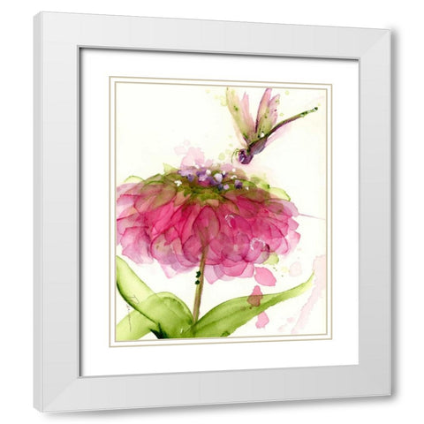 Dragonfly and Zinnia White Modern Wood Framed Art Print with Double Matting by Derman, Dawn