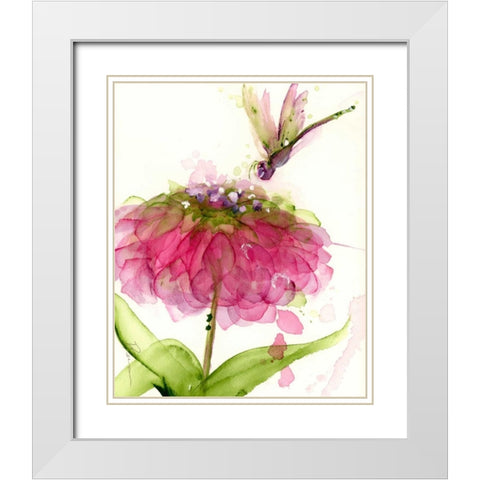 Dragonfly and Zinnia White Modern Wood Framed Art Print with Double Matting by Derman, Dawn