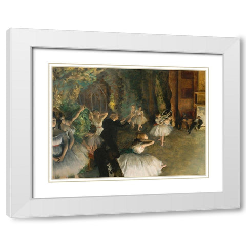 The Rehearsal of the Ballet Onstage White Modern Wood Framed Art Print with Double Matting by Degas, Edgar