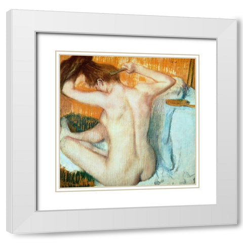 Woman Combing Her Hair White Modern Wood Framed Art Print with Double Matting by Degas, Edgar