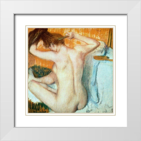 Woman Combing Her Hair White Modern Wood Framed Art Print with Double Matting by Degas, Edgar
