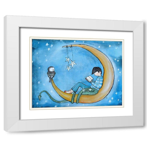 Boy Reading On Moon White Modern Wood Framed Art Print with Double Matting by Doss, Andrea