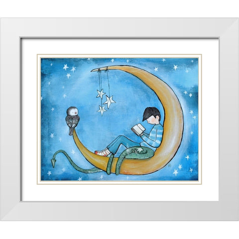 Boy Reading On Moon White Modern Wood Framed Art Print with Double Matting by Doss, Andrea