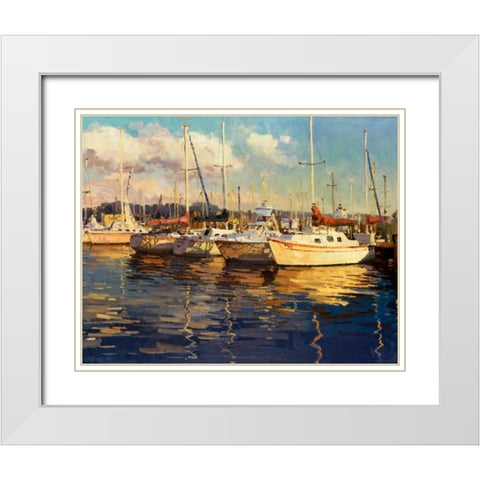Boats on Glassy Harbor White Modern Wood Framed Art Print with Double Matting by Furtesen