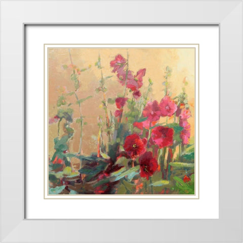Red Haven Hollyhocks White Modern Wood Framed Art Print with Double Matting by Forst, Beth A.