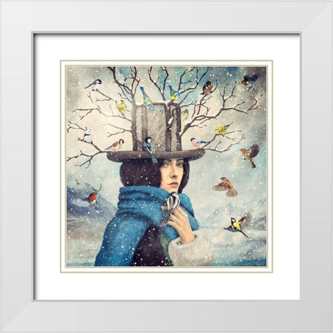 The Lady With The Bird Feeder Hat White Modern Wood Framed Art Print with Double Matting by Flores, Paula Belle
