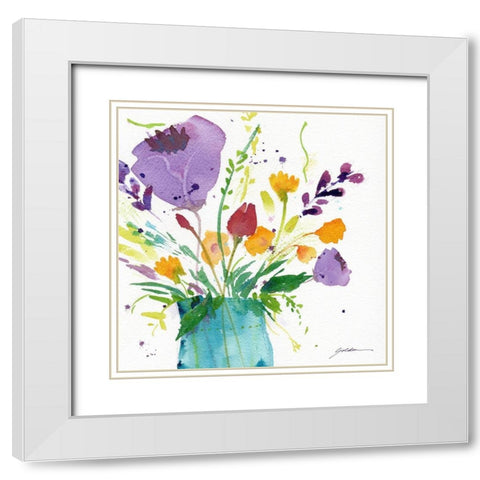 Teal Vase With Bright Flowers White Modern Wood Framed Art Print with Double Matting by Golden, Sheila