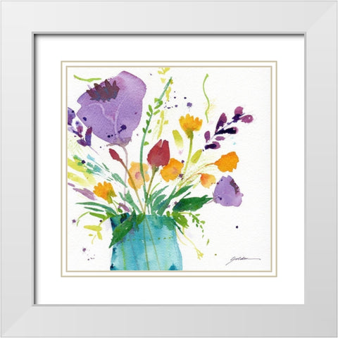 Teal Vase With Bright Flowers White Modern Wood Framed Art Print with Double Matting by Golden, Sheila