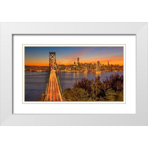 Bay Bridge and Evening Commute White Modern Wood Framed Art Print with Double Matting by Gavrilis, John