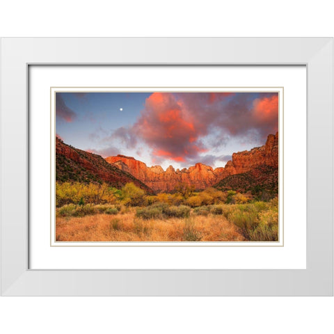 Temple Sunrise And Moon White Modern Wood Framed Art Print with Double Matting by Gavrilis, John