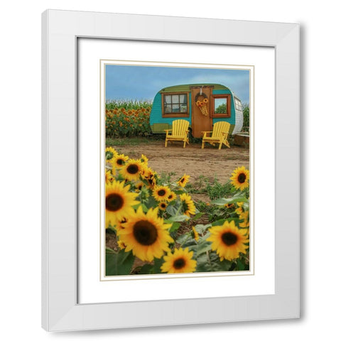 Vintage Camper and Sunflowers 1 White Modern Wood Framed Art Print with Double Matting by Grippo-Pike, Carrie Ann