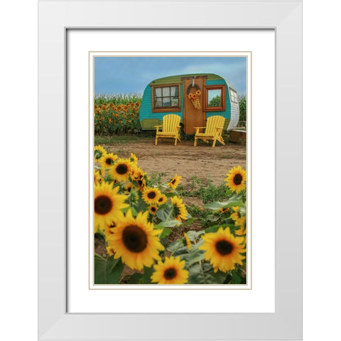 Vintage Camper and Sunflowers 1 White Modern Wood Framed Art Print with Double Matting by Grippo-Pike, Carrie Ann
