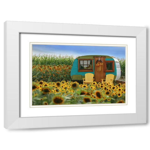 Vintage Camper and Sunflowers 2 White Modern Wood Framed Art Print with Double Matting by Grippo-Pike, Carrie Ann