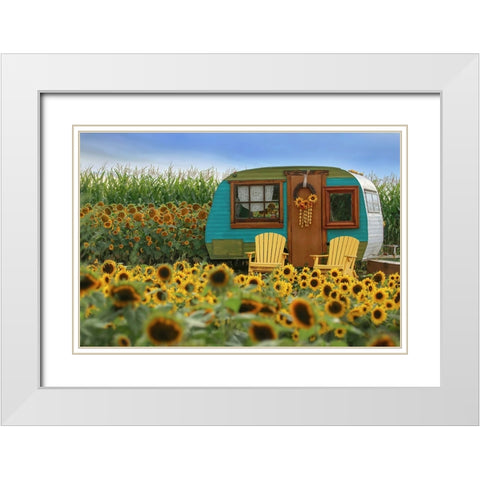 Vintage Camper and Sunflowers 2 White Modern Wood Framed Art Print with Double Matting by Grippo-Pike, Carrie Ann