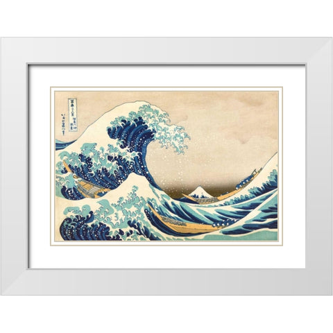 The Great Wave off Kanagawa White Modern Wood Framed Art Print with Double Matting by Hokusai, Katsushika