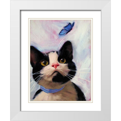 Cat and Butterfly White Modern Wood Framed Art Print with Double Matting by Hoeptner, Diane