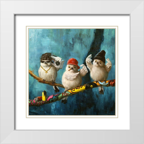 Birdz in da Hood No. 2 White Modern Wood Framed Art Print with Double Matting by Heffernan, Lucia